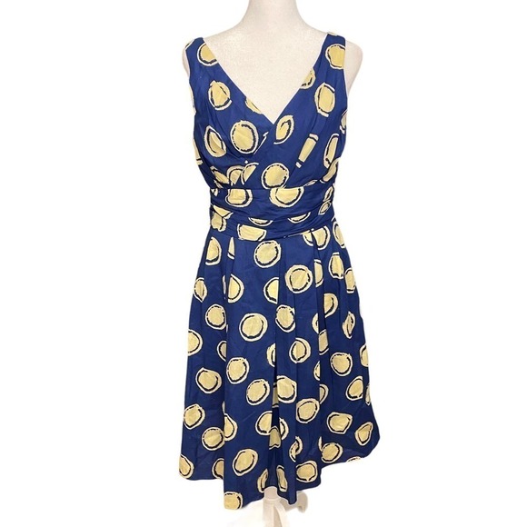 Vera Wang Lavender Label Polka Dot Wrap Dress V Neck Sleeveless Navy Gold Size 6 - Picture 1 of 11